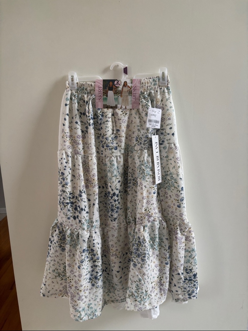 Tiered Floral Midi Skirt - Cream with Blue & Green Print & Plain White Skirt